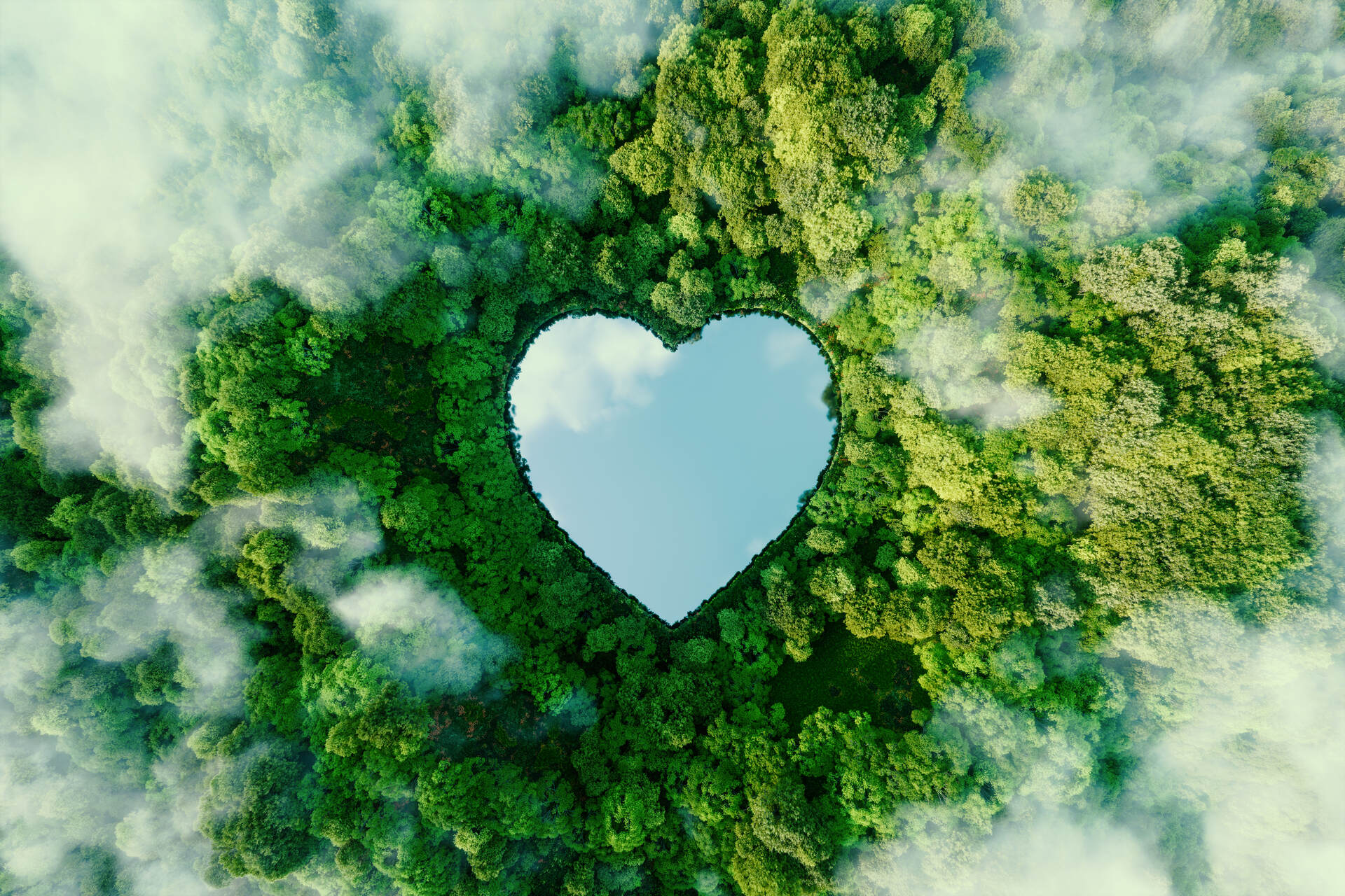 A cloudy rainforest with a heart shaped lake