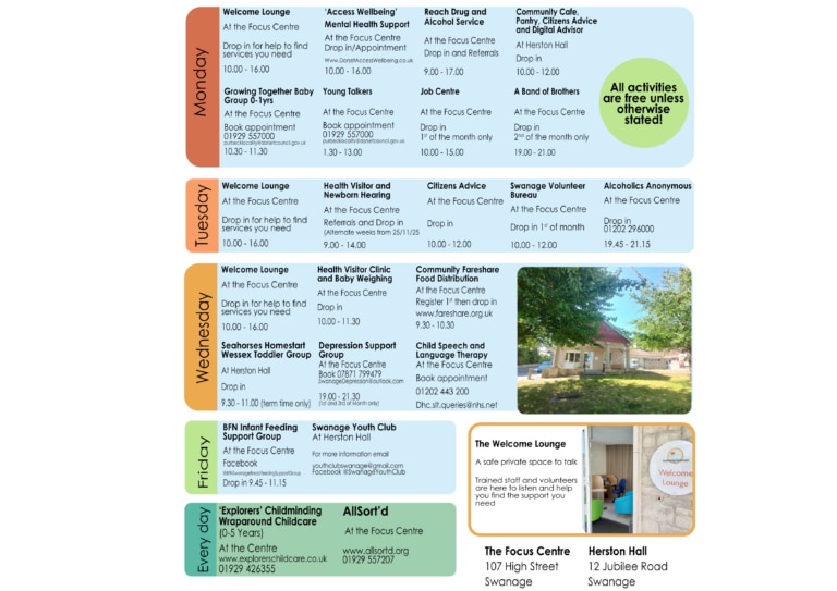 Timetable showing the regular events happening at the Focus Centre and Herston Hall in Swanage.